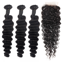 TD Hair 3PCS Deep Wave Brazilian Remy Weave Bundles With 4*4 Transparent Swiss Lace Closure Pre Plucked Hair Line Extensions