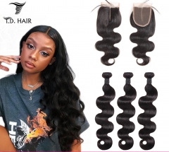 TD Hair 3PCS Malaysian Remy Body Wave Bundles With 4*4 Transparent Swiss Lace Closure 100% Human Hair Weaving Pre Plucked Hair Line Extensions