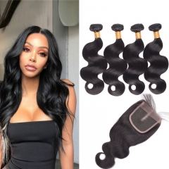 TD Hair 4PCS Brazilian Body Wave Remy Bundles Weaving With 4*4 Transparent Swiss Lace Closure Pre Plucked Hair Line Extensions